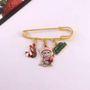 圣诞节跨境猫咪印花胸针糖果可爱袜子雪花拐杖糖别针大衣包包徽章