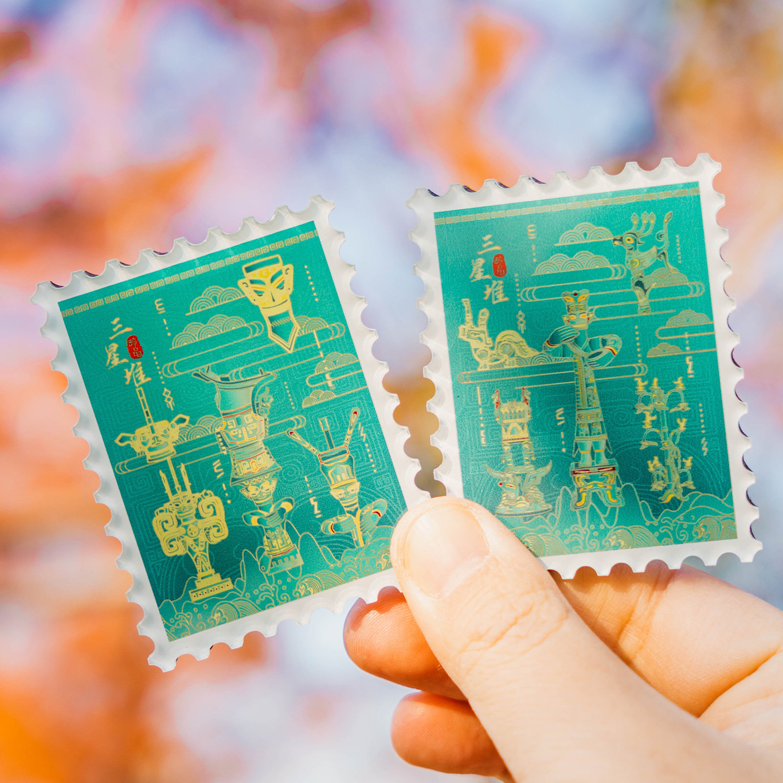 新款三星堆邮票冰箱贴磁吸门装饰金色面具青铜神树旅游文创纪念品