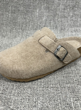 外贸新款秋冬加绒保暖呢料包头博肯拖外穿大码女软木半拖  T4323