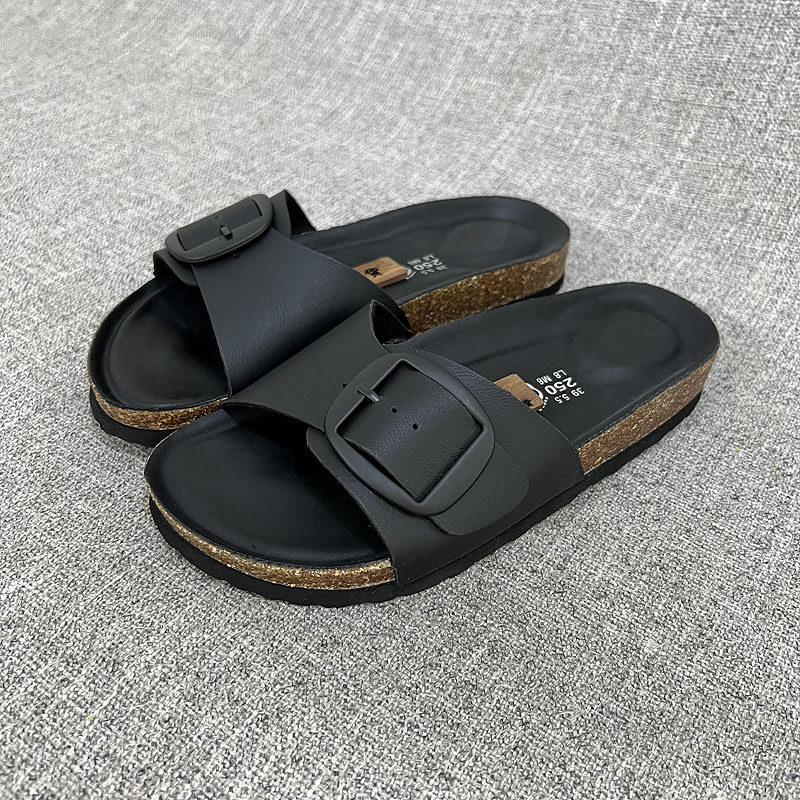 外贸欧洲站夏季女士一字拖舒适软木PU革鞋垫拖鞋大码女鞋 A678