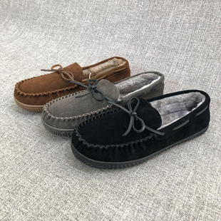 冬季真皮加绒保暖防滑耐磨懒人鞋磨砂皮豆豆鞋大码男鞋 T2793