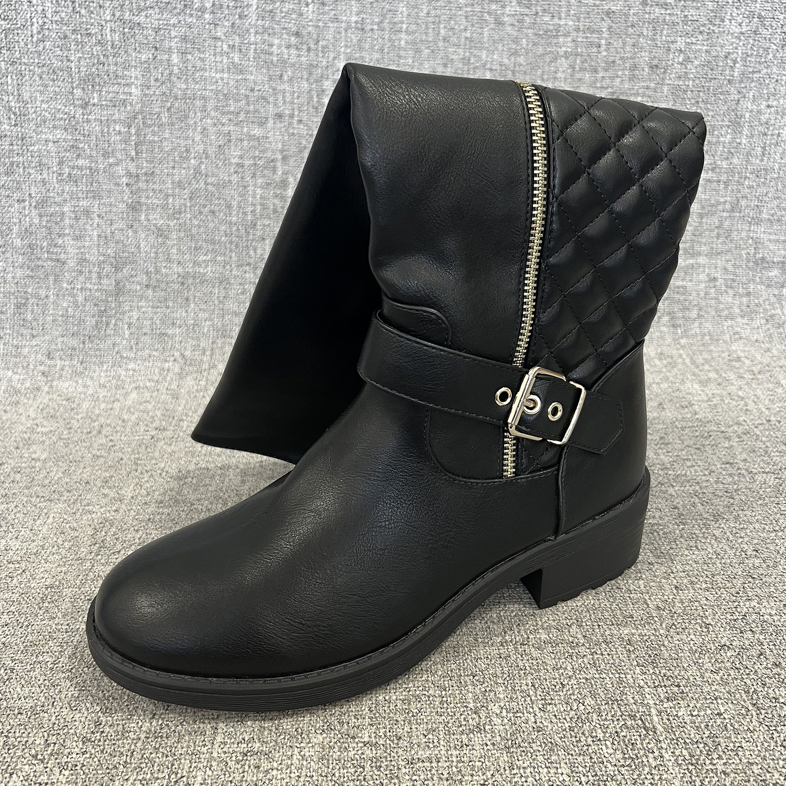 外贸冬季加绒时尚侧拉链长筒长靴粗跟PU革骑士靴大码女靴 F6020