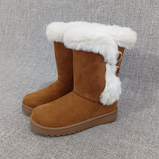 冬季加绒厚毛雪地靴亲子款母女儿童童靴中筒靴棉鞋女靴F4083