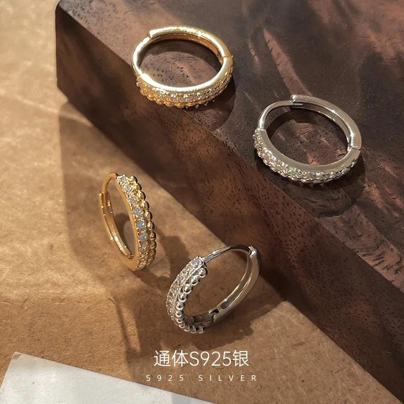 S925银轻奢排钻珠珠锆石耳扣耳环小众镀14K金百搭通勤耳饰