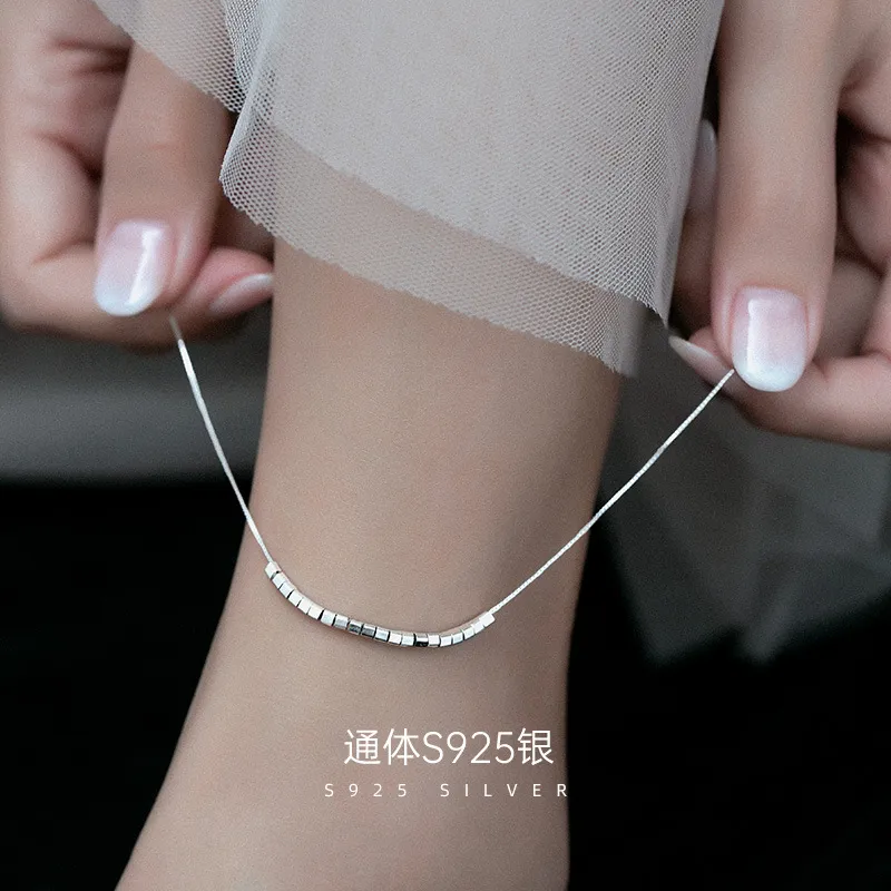 S925纯银小方块脚链女款轻奢小众设计感高级豆豆脚饰品
