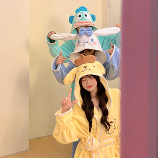 宿舍闺蜜卡通长毛绒睡袍女冬天季加厚连帽浴袍可爱学生家居服长款