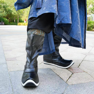 绣清风影视古装鞋皮革皂靴飞鱼服明制汉服靴子千层底增高男女皮靴