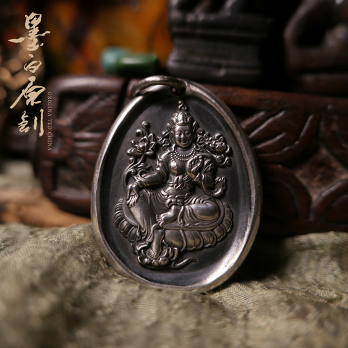 绿度母整身佛像手工银饼