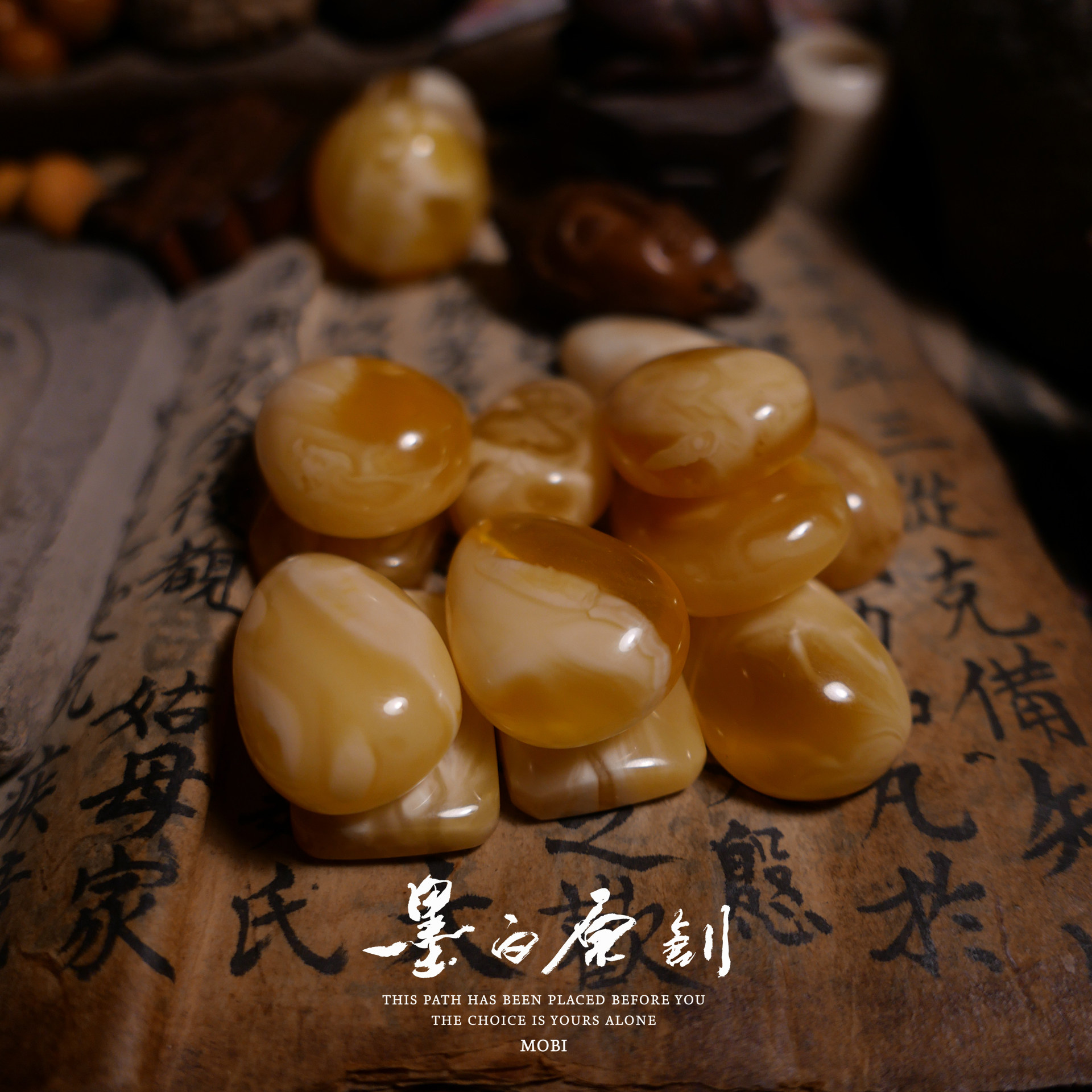 「墨白」 琥珀蜜蜡水滴吊坠无事牌菩提配饰饰品背云