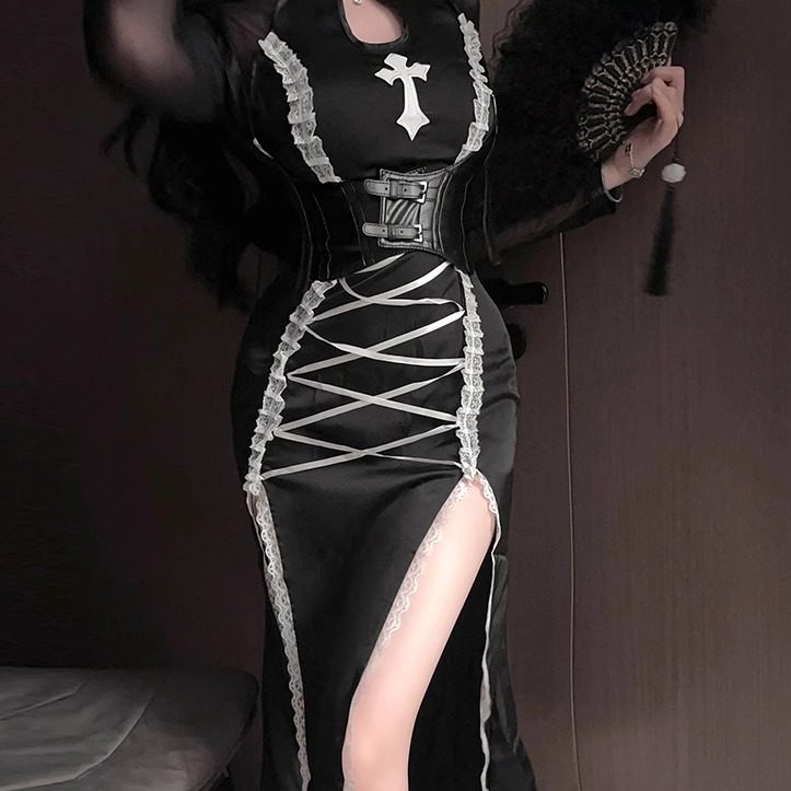 性感修女装哥特风暗黑高开衩长裙修身连衣裙万圣节cos服