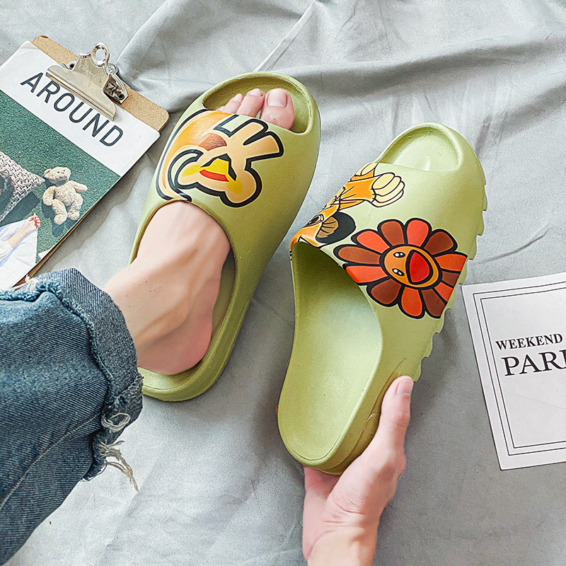 侃爷时尚涂鸦椰子拖鞋男yeezy slides men休闲外穿厚底踩屎感凉拖