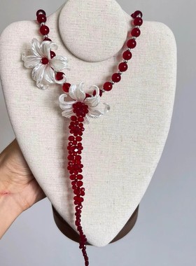 复古高级感鸢尾花红色串珠项链耳环女颈链小众流苏锁骨链耳钉配饰