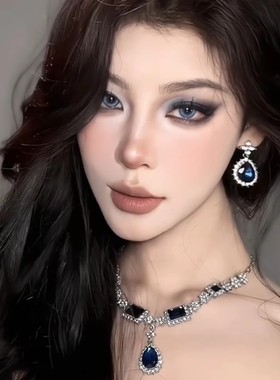 蓝色锆石水滴项链耳环套装女高级感颈链配饰小众锁骨链潮