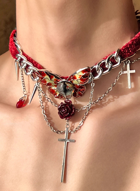 复古红色丝绒蝴蝶眼睛十字架项链小众设计感锁骨链choker辣妹颈链