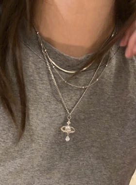 「星河予你」韩系银色土星水滴项链冷淡风精致通勤三层叠戴锁骨链