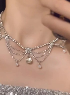银色水滴珍珠项链女高级感宴会晚礼服颈链气质锁骨链配饰
