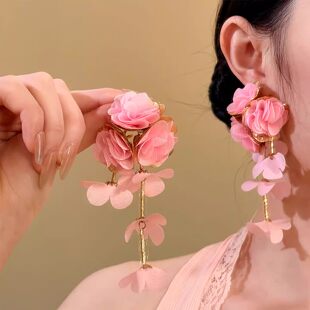 海滨微风 粉色花朵流苏耳环旅游拍照耳饰绝美夸张海边度假风耳钉