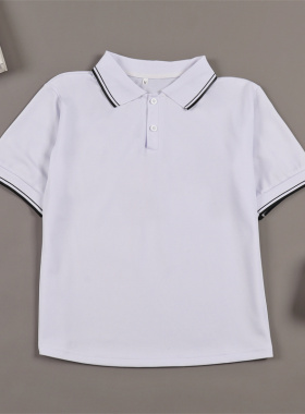 夏季校服班服初高中小学生运动POLO衫黑边领宽松白色短袖翻领T恤