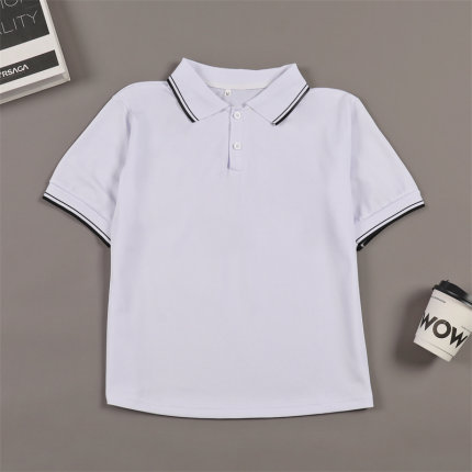 夏季校服班服初高中小学生运动POLO衫黑边领宽松白色短袖翻领T恤