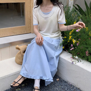 韩版 假两件百搭圆领短袖 新款 针织衫 抽褶收腰显瘦t恤上衣 女夏季