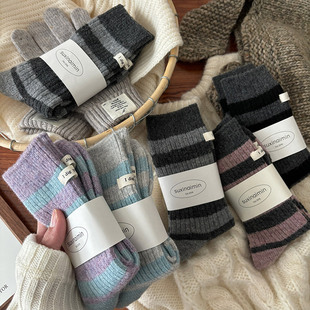 羊毛条纹袜子女韩版东大门ins布标中筒堆堆袜冬季加厚勃肯鞋长袜