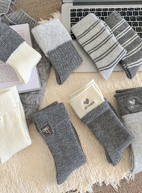 韩国东大门羊毛袜子女ins灰色撞色条纹中筒堆堆袜秋冬季保暖女袜