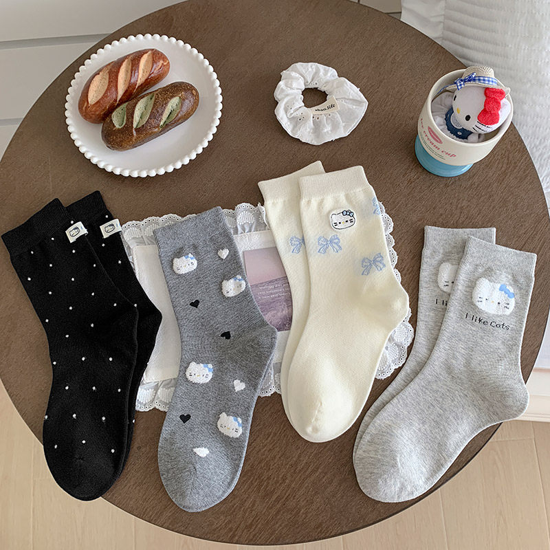 猫咪可爱袜子女韩版学院风布标中筒无骨棉袜春秋季日系女袜堆堆袜,女士内衣/男士内衣/家居服,中筒袜,淘宝优惠券,粉丝福利购,淘宝优惠卷