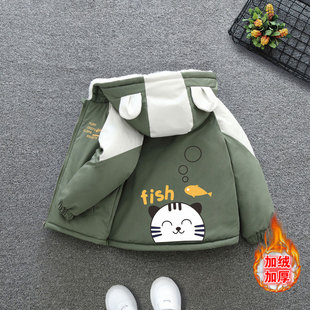 秋冬新款中小童男童小猫钓鱼加绒外套男女宝宝韩系穿搭保暖防风