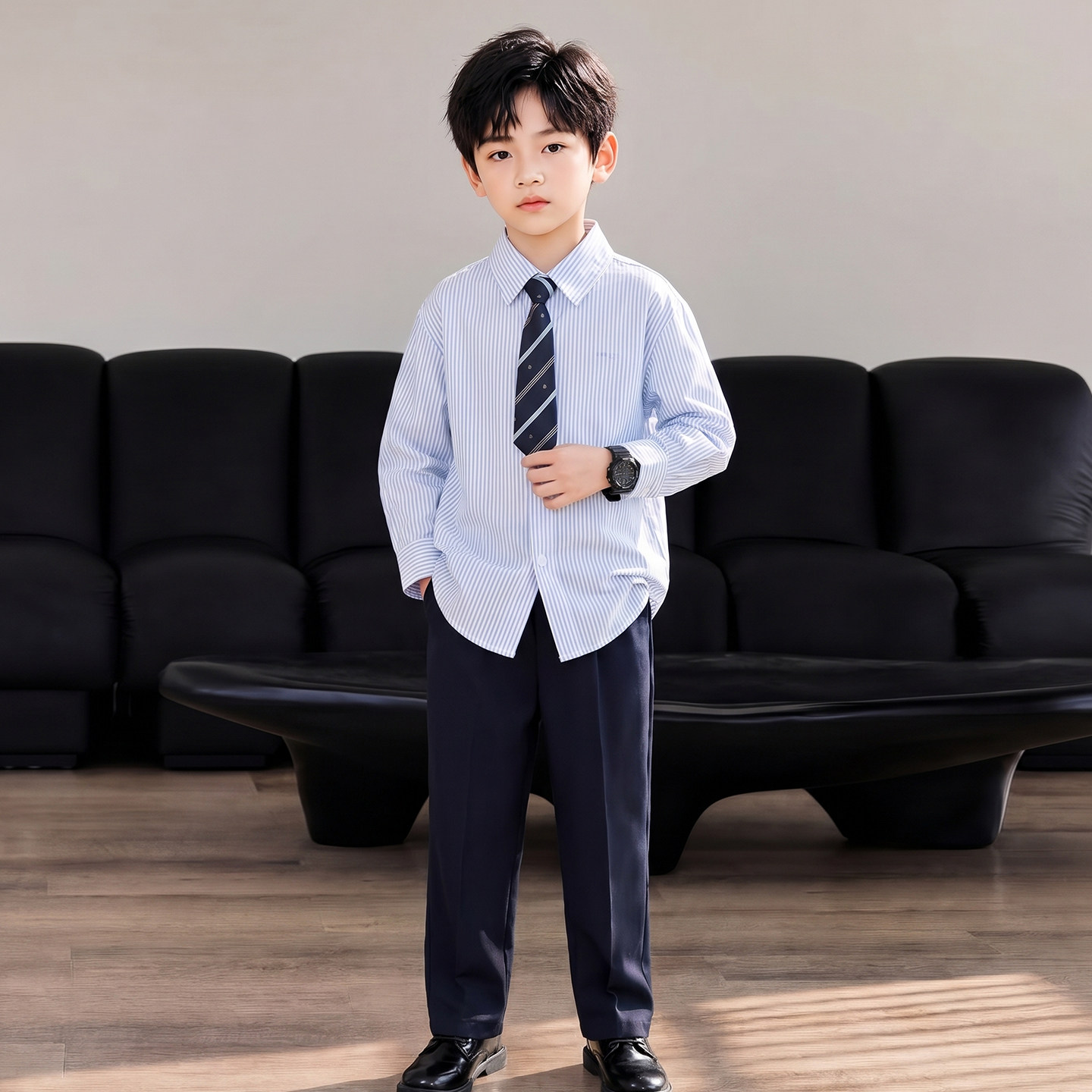 男童翻领纹衬衫套装配斜纹领带+西裤小男孩舞台演讲表演复古礼服图片