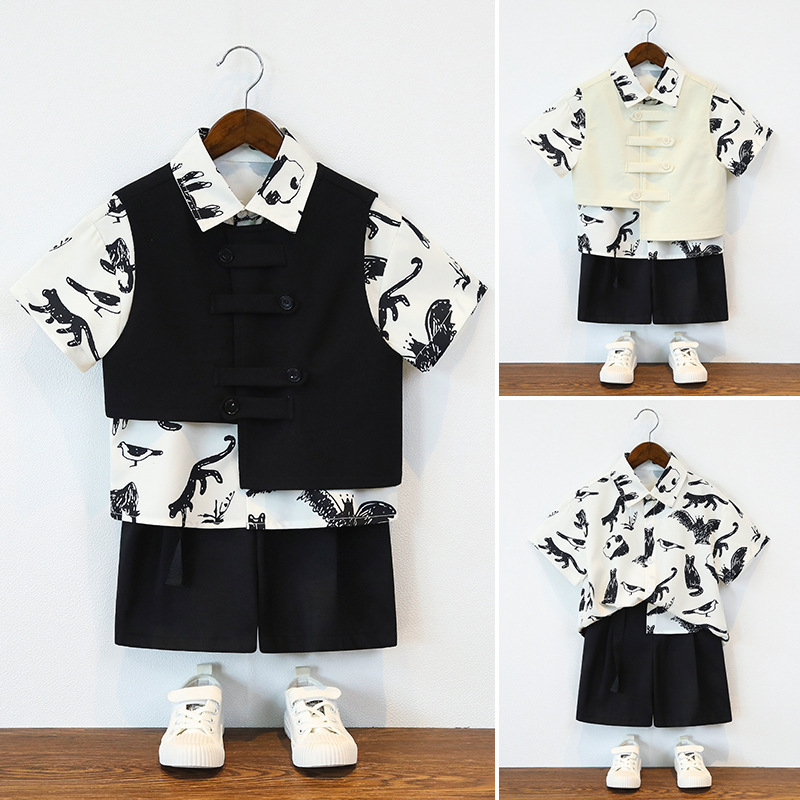 男童夏装儿童不规则新中式马褂国风时尚痞帅短袖套装男孩演出礼服
