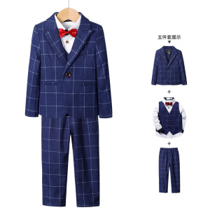 童套装韩版格子西服三件套男童舞台主持演讲表演礼服