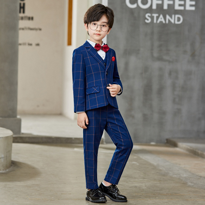 秋冬新款韩版男童格子小西装套装钢琴主持表演服帅气儿童礼服