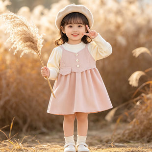 女宝宝长袖上衣裙秋装2026新款女童洋气假背带裙小女孩秋天连衣裙