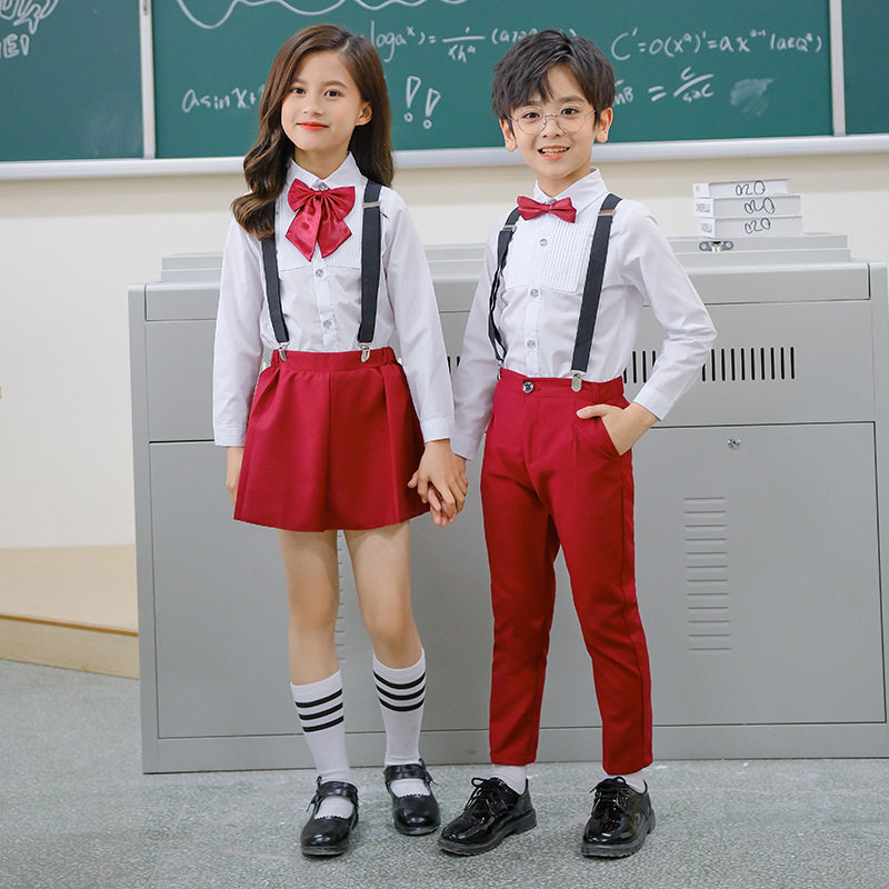 六一儿童合唱演出服夏季中小学生背带裤套装女童衬衫短裙表演礼服