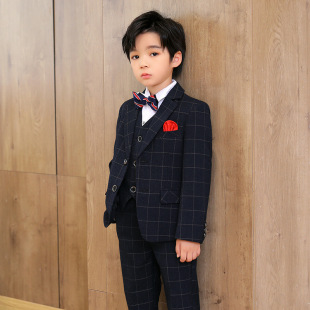 儿童西装英伦格子小西服三件套男童主持正装六一表演演讲礼服套装