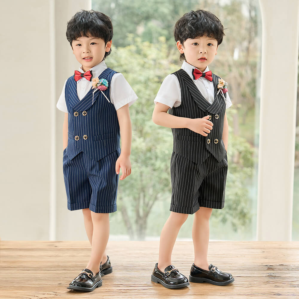 儿童马甲套装夏款男童英伦条纹花童演出服宝宝周岁生日宴会摄影服