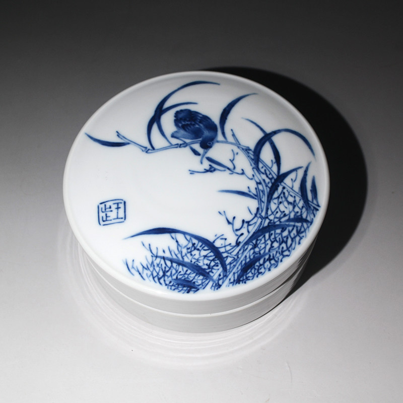 仿王步青花翠鸟印泥盒空盒陶瓷粉盒高档文房书法画用品印缸景德镇
