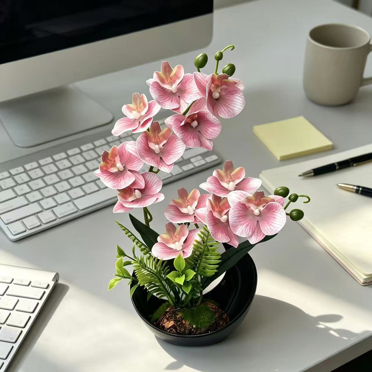 高档蝴蝶兰仿真花假花盆栽家居室内客厅办公桌面仿真花艺盆景摆件