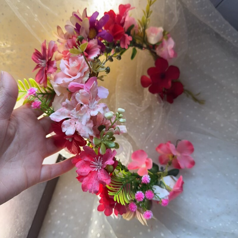 森系仿真花环深粉红色头饰
