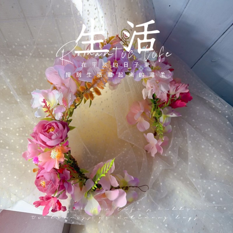 森系甜美花环发饰女仿真粉色玫瑰超仙优雅新娘头饰拍照写真头饰