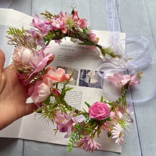 森系手工花环发箍新娘拍照度假仿真粉色绣球花朵头饰布艺圆形发饰