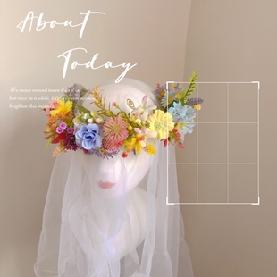 森系仙气仿真植物浆果花朵粉黄蓝彩色新娘甜美气质拍照写真发饰