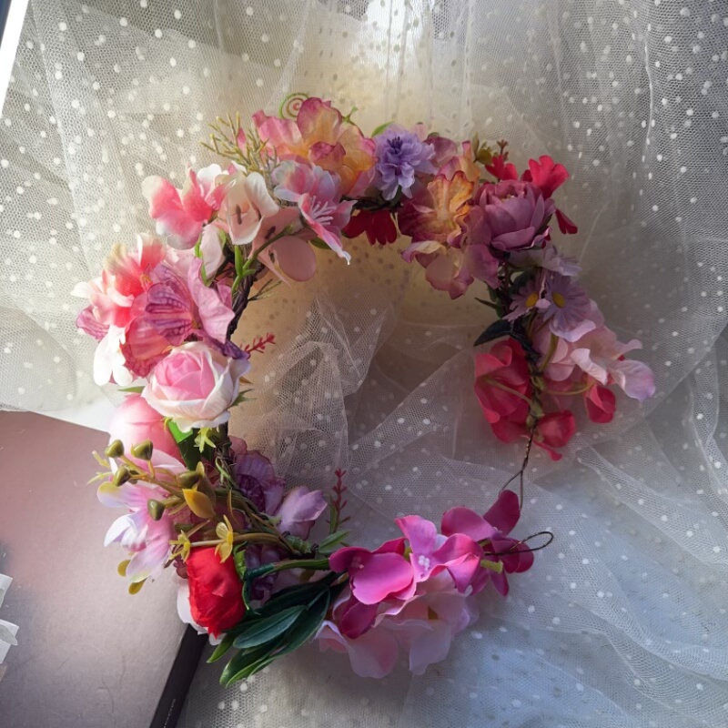 森系仿真花环头饰女甜美气质新娘写真拍照造型配饰深粉加大花朵