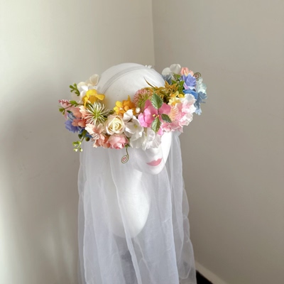 原创花朵清新花环粉蓝黄色森系皇冠头饰少女拍照发饰写真新娘造型