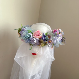 原创新娘花环头饰紫蓝色仿真花头饰女孩演出拍摄头环婚纱高端配饰