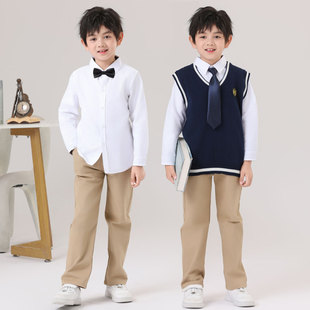 男童白衬衫套装纯棉大合唱表演服校服园班服儿童衬衣裤子卡其色黑