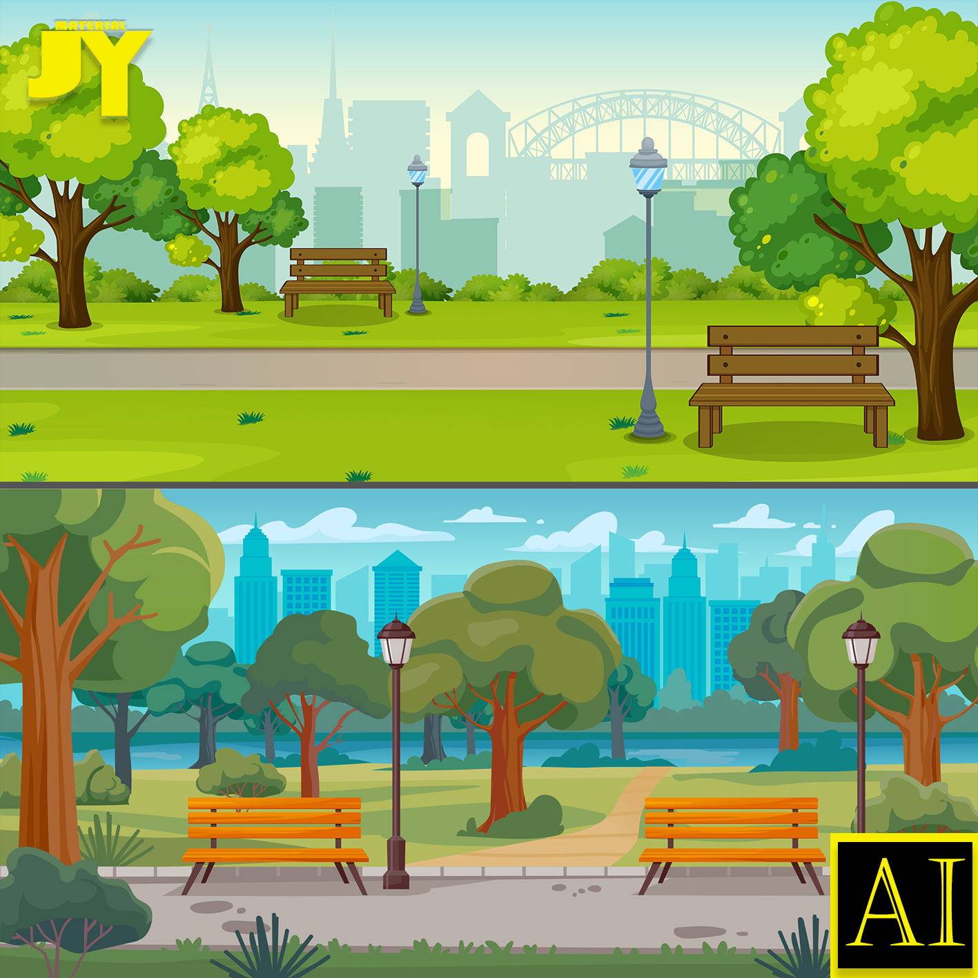 可爱卡通人物练瑜伽美女野餐小湖草地户外风景公园海报插画ai素材