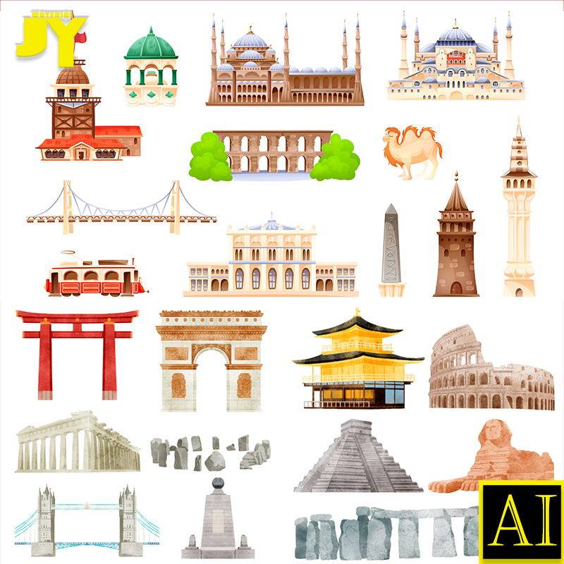 斜塔狮身人面水彩全球城市地标建筑插画模板矢量图平面设计ai素材