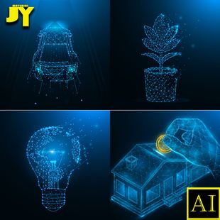 科技点线3D几何图形汽车人物树叶靶心水果蔬菜蘑菇梨子房子AI素材