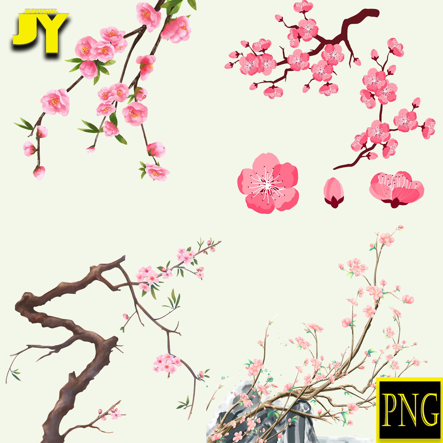 国画水墨画手绘梅花粉色桃花春季植物花卉元素装饰挂画背景墙素材